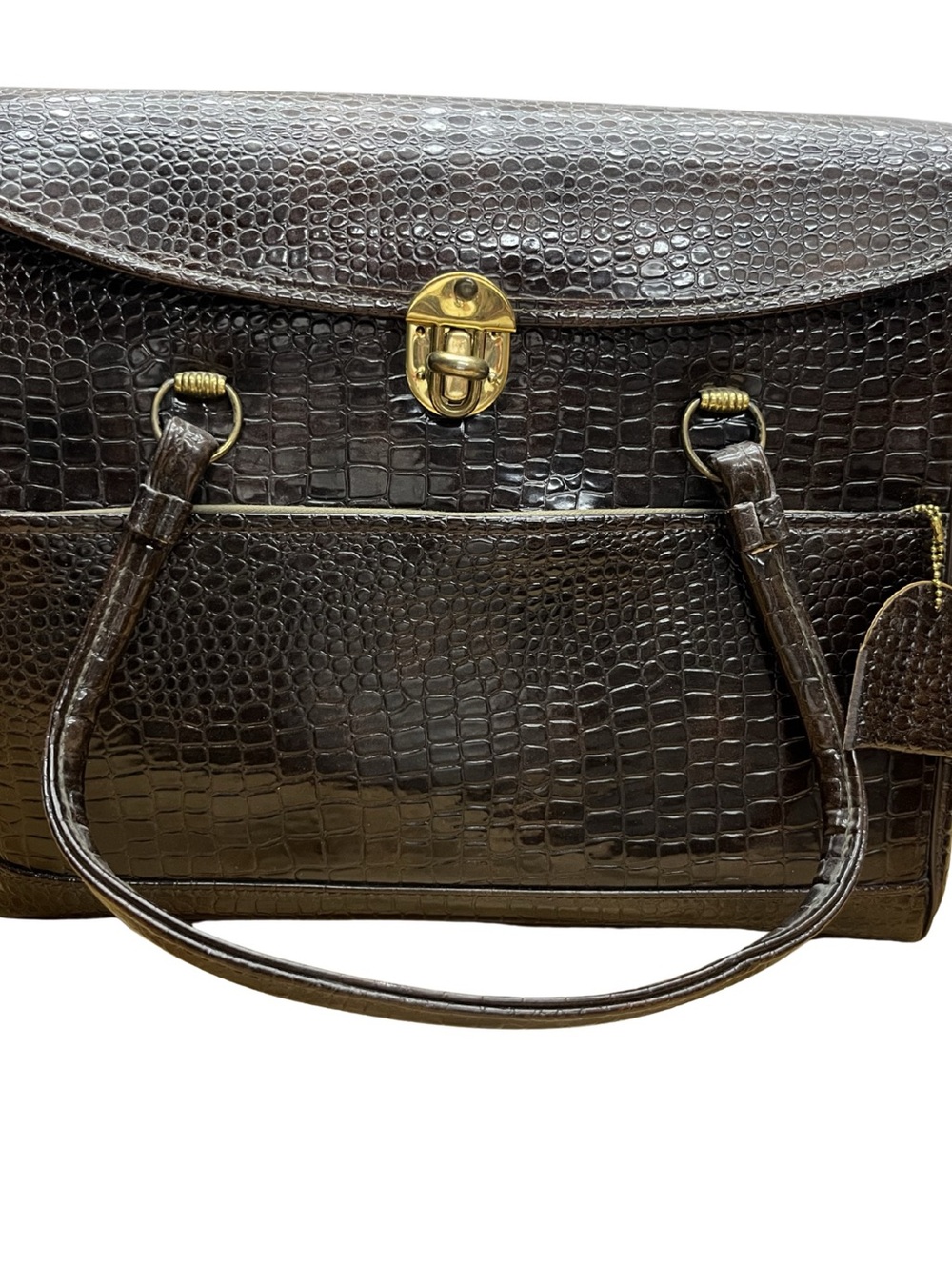 Vintage Croc Embossed Brown Structured Frame Handbagi